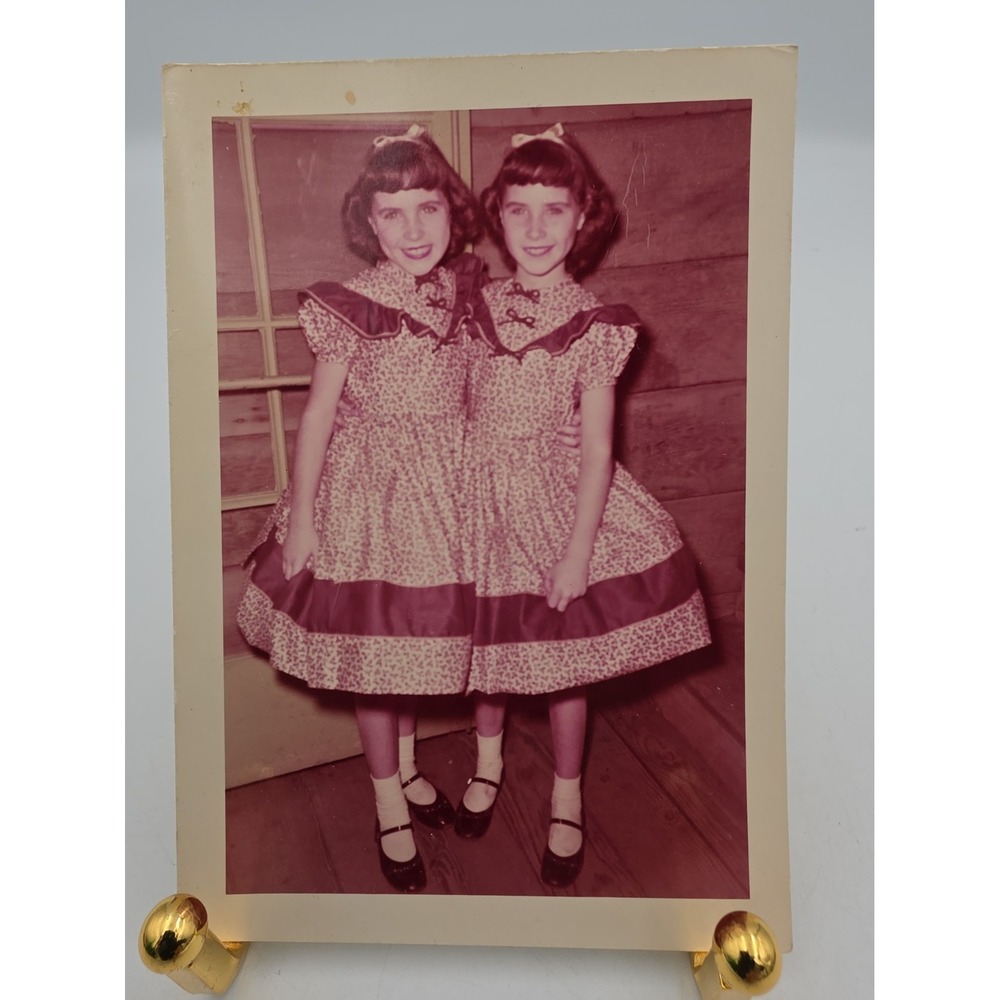 Vintage Twins Photo 1956 Girls Dresses Sisters Eastman Kodak Studio